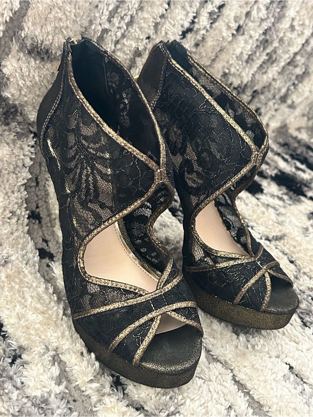 Jessica Simpson Black Lace Peep-Toe Heels with Gold Accents